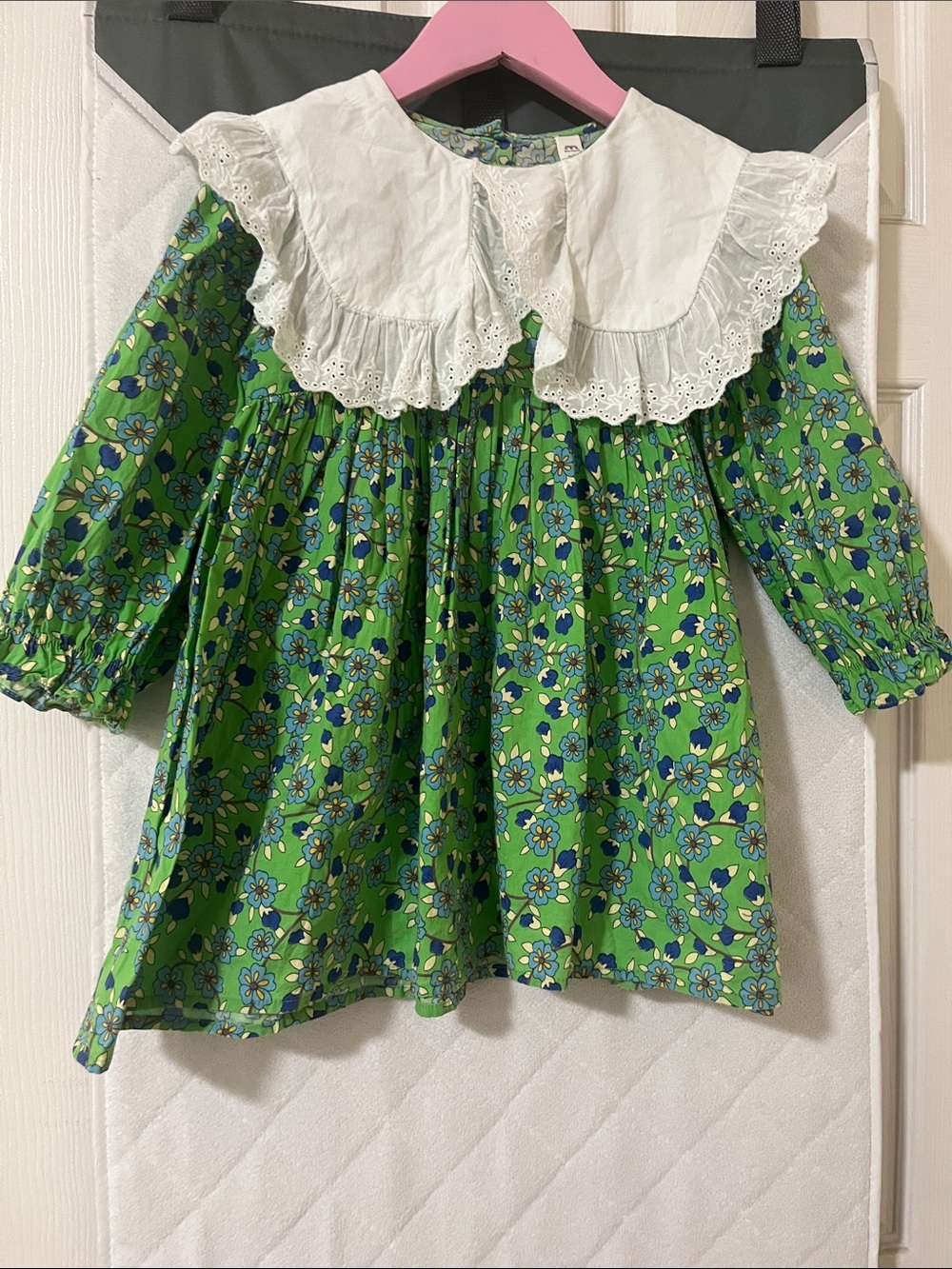Girls Green Floral Dress Top with White Lace Collar